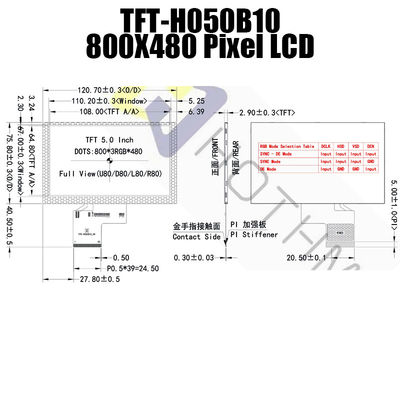 De praktische Vertoning van 5 Duim RGB TFT, het Zonlicht Leesbare Vertoning TFT-H050B10SVISTKN50 van IC ST7262
